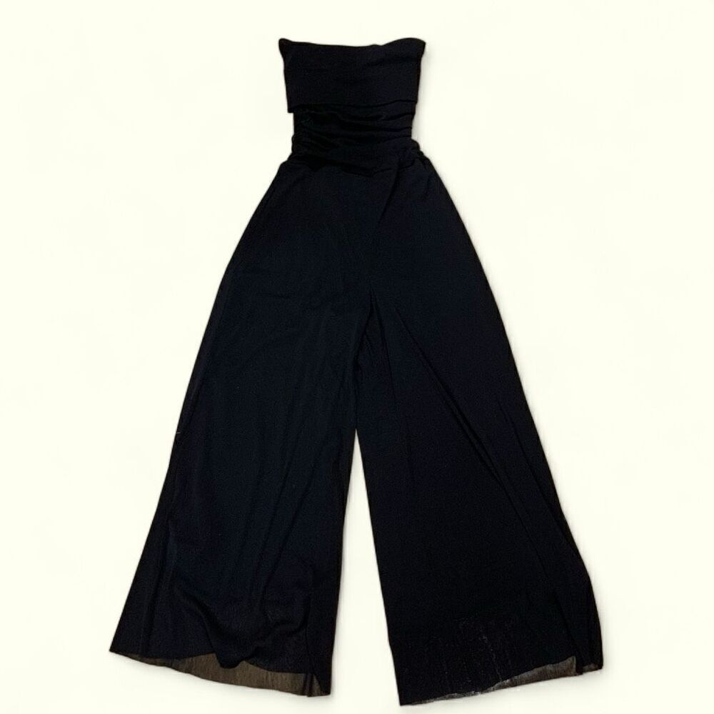 Eliza J. Vintage Jumpsuit Strapless Ruched Top w/ Overlay Flared Leg Black Sz 10